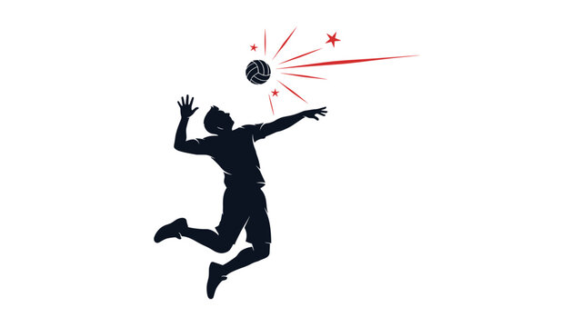 Athletic volleyball player is captured in silhouette as he jumps high into the air to perform a powerful spike against an abstract background.