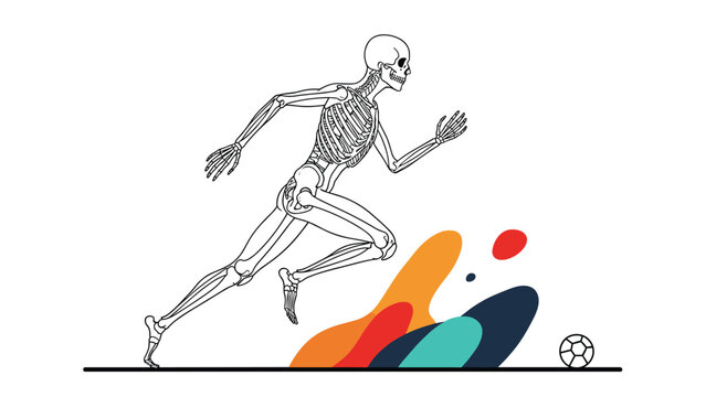 Human skeleton is depicted in a dynamic running pose on a sports field near a soccer ball, showing anatomical movement in an artistic way.
