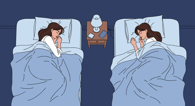 Two women sleeping separately in twin beds in a dark bedroom with a bedside table, lamp, and books at night for rest.