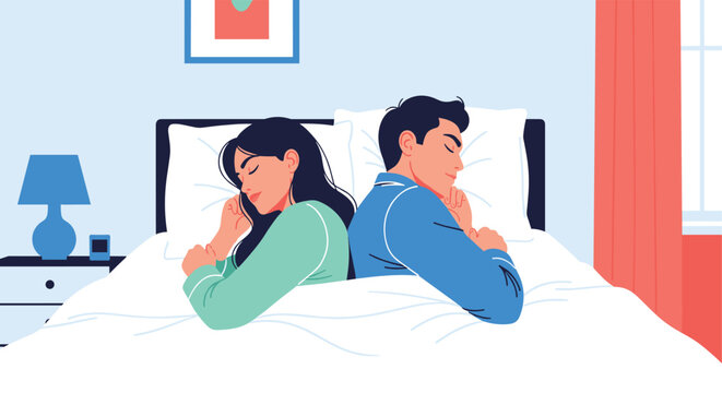 Couple in pajamas sleep back-to-back in a comfortable bed in their bedroom with a lamp and bedside table for night rest.