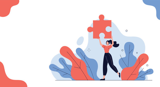 Successful business woman places the final piece of a puzzle to complete the picture of a corporate strategy and teamwork plan in a minimalist art.