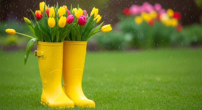 Yellow rubber boots filled with tulips on grass during rain, garden decoration and spring cheer