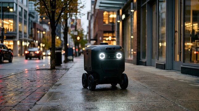 Autonomous sidewalk delivery robot navigates wet urban environment during twilight hours for service