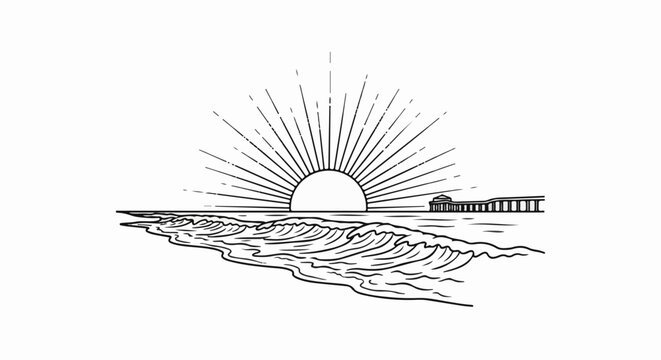 Line art of a sunburst over ocean waves with a distant pier