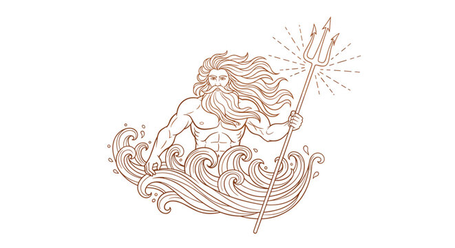 Majestic illustration of the sea god Poseidon or Neptune rising from powerful ocean waves while holding his iconic trident against a white background.
