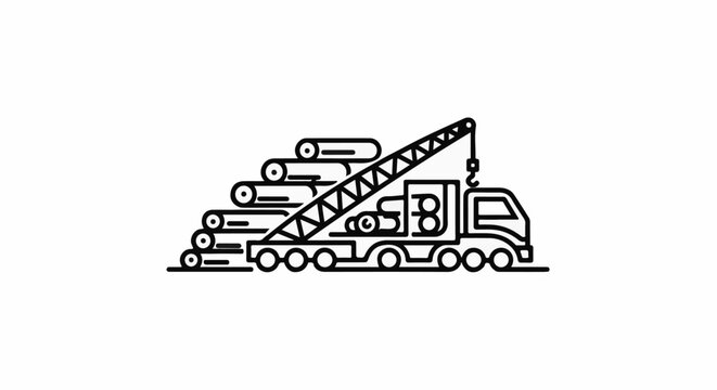 Line art of a truck loaded with logs and a crane