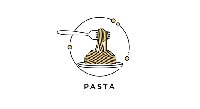 Simple and stylish pasta logo featuring a generous swirl of spaghetti on a white plate being lifted by a silver fork against a circular background.