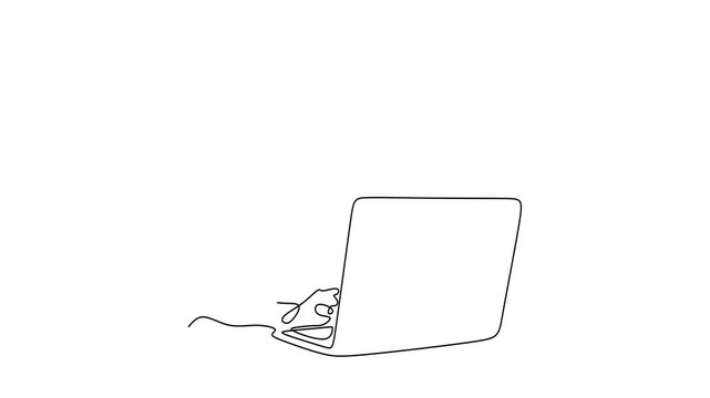 Animated self drawing of continuous line draw of  Woman working on laptop  Full length one line animation. 4K	
