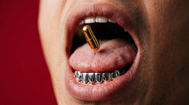 Person with metallic grillz and a golden capsule positioned on their tongue against a bright crimson backdrop, creating a striking visual metaphor.