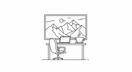 Fototapeta premium Minimalist desk with laptop, coffee, chair, and mountain landscape backdrop