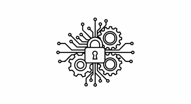 Digital lock with gears and circuit board connections symbolizes cybersecurity