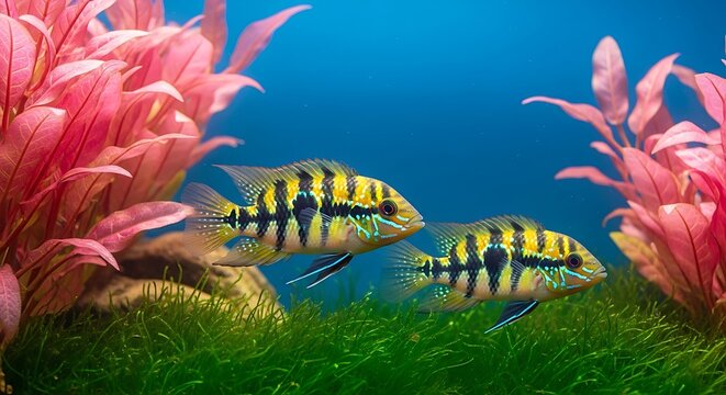 Two yellow and black fish swimming in an aquarium