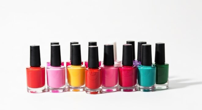 A cluster of colorful nail polish bottles on a white background