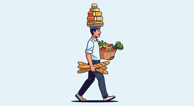 Man carrying groceries and bread on head, balanced food delivery