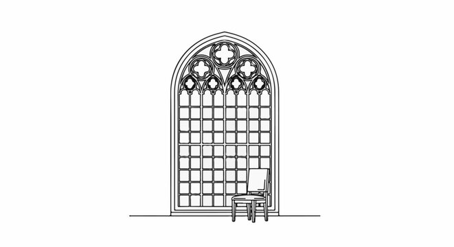 Ornate arched window with detailed tracery above a grid of panes