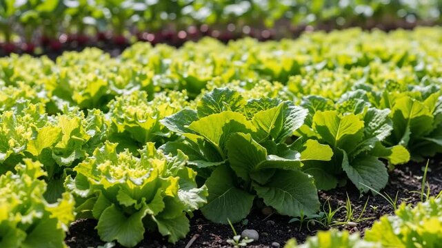 Fresh green lettuce growing in well-maintained garden rows  