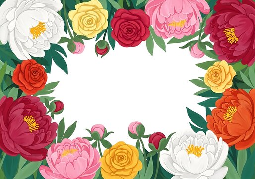 A colorful floral border with roses and peonies