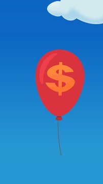 Visualizing economic inflation and wealth growth with a red dollar balloon rising through a blue sky with clouds. (loopable)