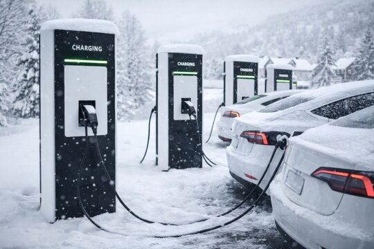 Electric cars charging at a snowy outdoor station, eco-friendly transportation during winter season with clean energy