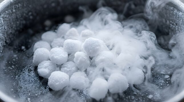 Close up view of solid carbon dioxide pellets vigorously sublimating with dense white vapor clouds