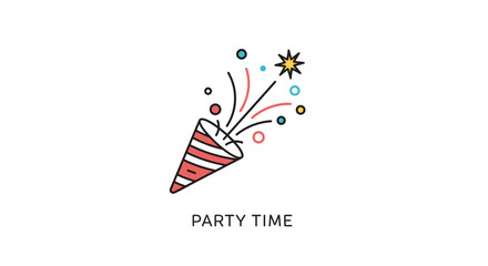 Obraz premium Colorful party popper illustration with confetti and the text party time celebrates festive occasions like birthdays and new years.