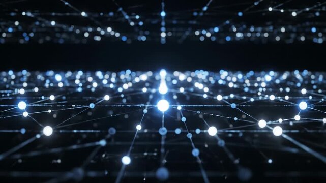 Abstract network connection background with glowing nodes and lines, representing global communication, big data, and neural network connectivity in cyberspace