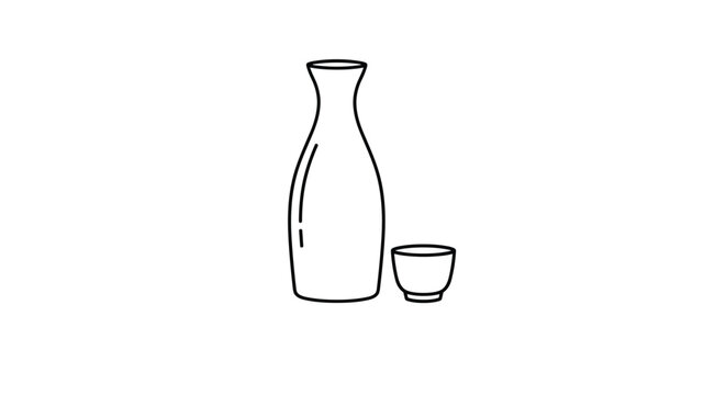 Minimalist outline drawing features a traditional japanese sake bottle and a small ceramic cup for alcoholic beverage service concepts.