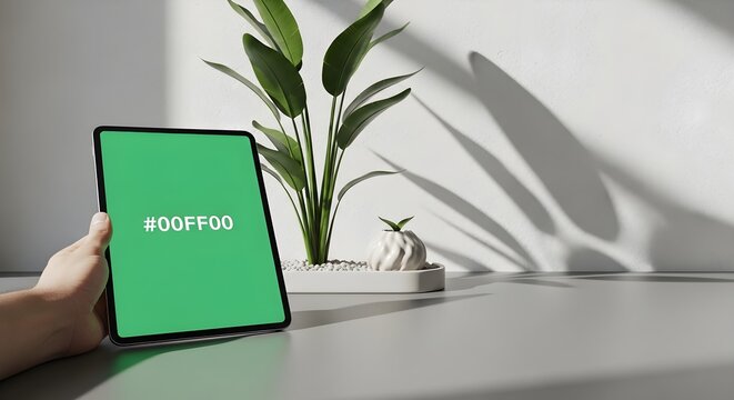 Hand holds tablet displaying vibrant green color (#00FF00) in a sunlit modern interior with a plant.