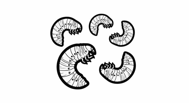 Five black and white illustrations of curved, segmented insect larvae with dots