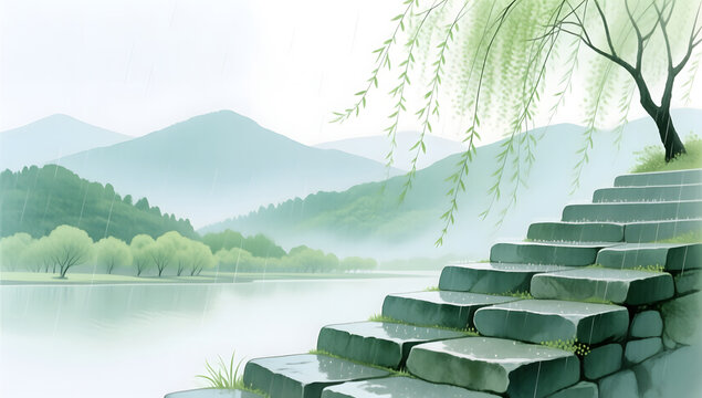 Misty landscape and willow trees during Qingming festival