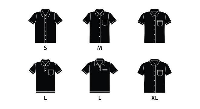 Black and white illustration of shirts in varying sizes labeled small to extra large