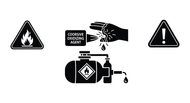 Hazard symbols depicting flammability corrosion and oxidizing agent risks