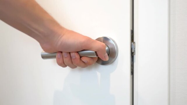 Hand gripping silver door handle on a white door