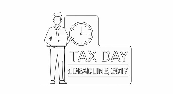 Man with laptop near TAX DAY sign with clock and deadline