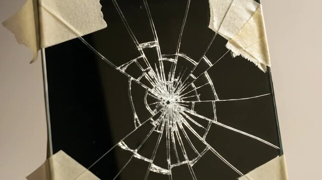 Broken mirror displayed on cardboard stand