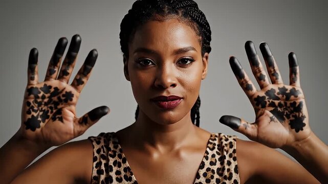 Joyful Black woman showing decorated hands in studio