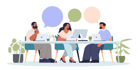 Plakat Business meeting teamwork office discussion collaboration diverse team working at desk with laptops plants speech bubbles modern workplace