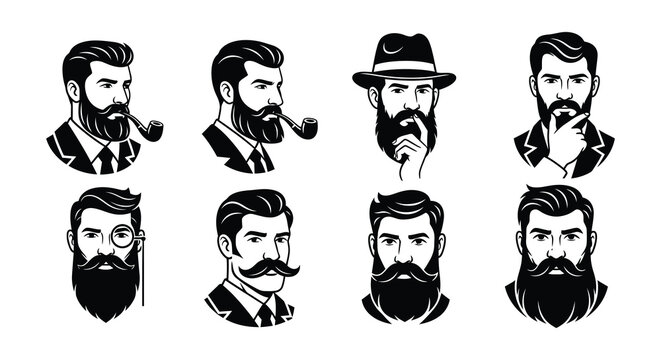 Collection of vintage style black and white illustrations of bearded men