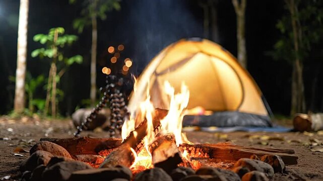 Warm and cozy campfire burning in a forest at night, with a blurred camping tent in the background. Perfect for nature adventure, outdoor recreation, travel, relaxation, and memorable wilderness...