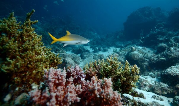 an underwater scene of healthy coral and teeming typical tropical fis