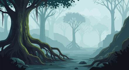 Fototapeta premium Mysterious Foggy Forest Landscape with Ancient Trees and Exposed Roots