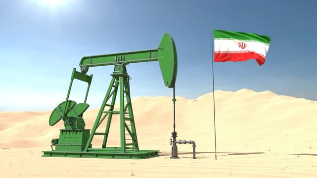 Iran oil industry concept with pumpjack and national flag in desert landscape. 3D Render