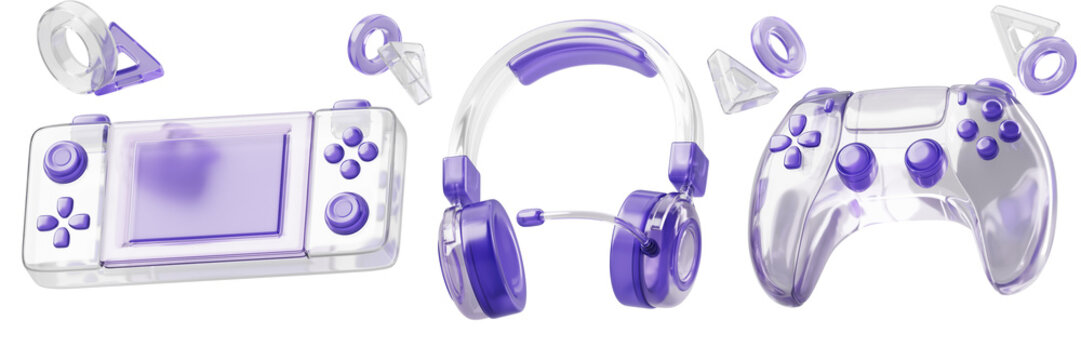 3d set of video gamer icon. Transparent handheld gaming console, headphones with microphone, clear wireless controller, gamepad joystick with purple buttons, isolated game gadgets