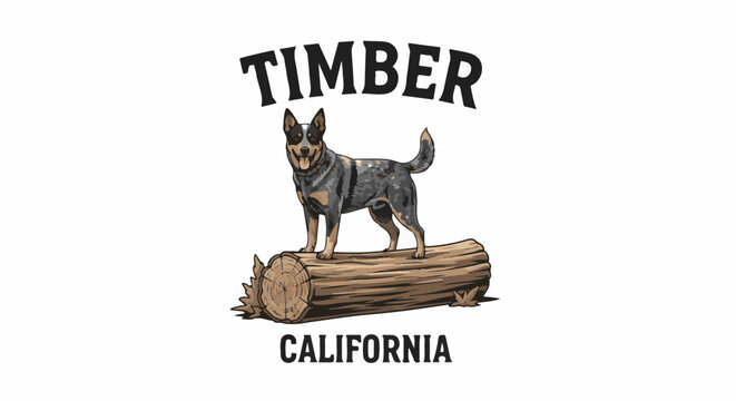Dog standing on a log with the word TIMBER above and CALIFORNIA below