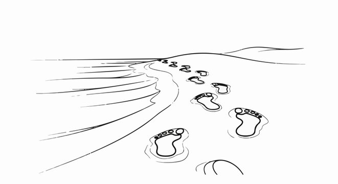 Footprints lead across sandy shore towards the sea