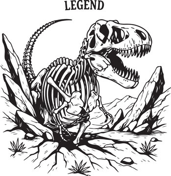 A prehistoric scene featuring a tiny human amidst a towering dinosaur skeleton in a rugged landscape. hand drawing illustration vector