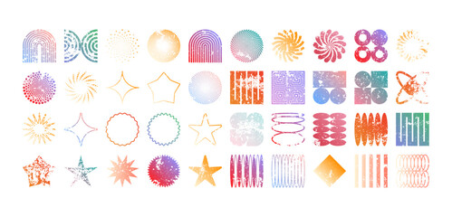 Fototapeta premium Colorful geometric shapes, modern grunge symbols. Simple primitive elements and forms, distressed details. Retro design, aged, vintage, trendy contemporary minimalist style, y2k. Vector illustration