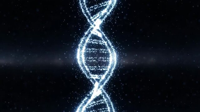 DNA double helix structure glowing against a dark background  