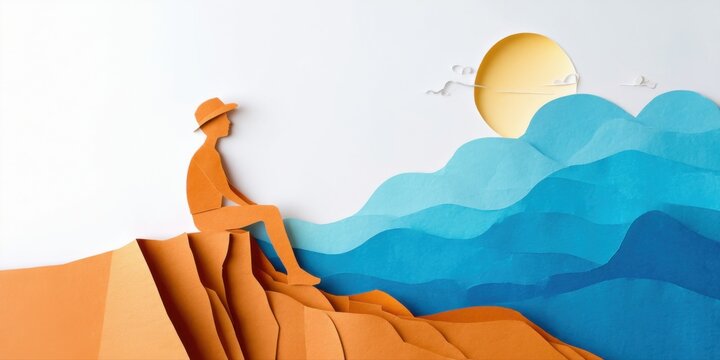 Papercraft scene depicts person sitting atop orange hill overlooking blue ocean, yellow sun. Peaceful, minimalist style.