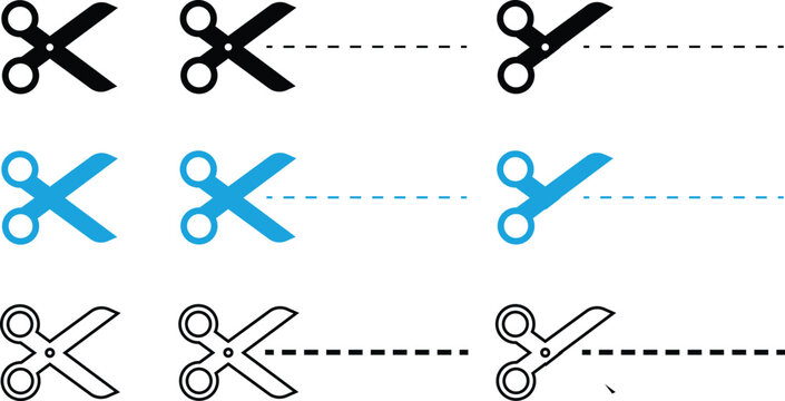 Scissors with dotted cut lines vector icon set for coupons and vouchers